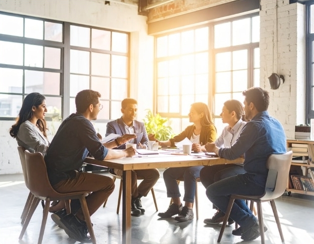 Team of professionals engaged in a collaborative meeting around a sunlit conference table—demonstrating the power of structured, values-driven communication. Achilles Group helps businesses improve meeting effectiveness, foster team alignment, and build leadership habits that drive clarity, accountability, and organizational success.