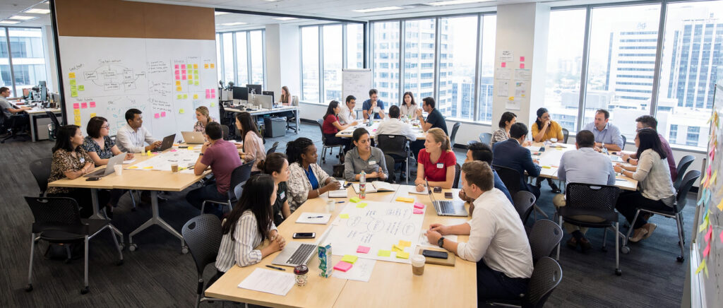 Large open office with several groups collaborating at tables.